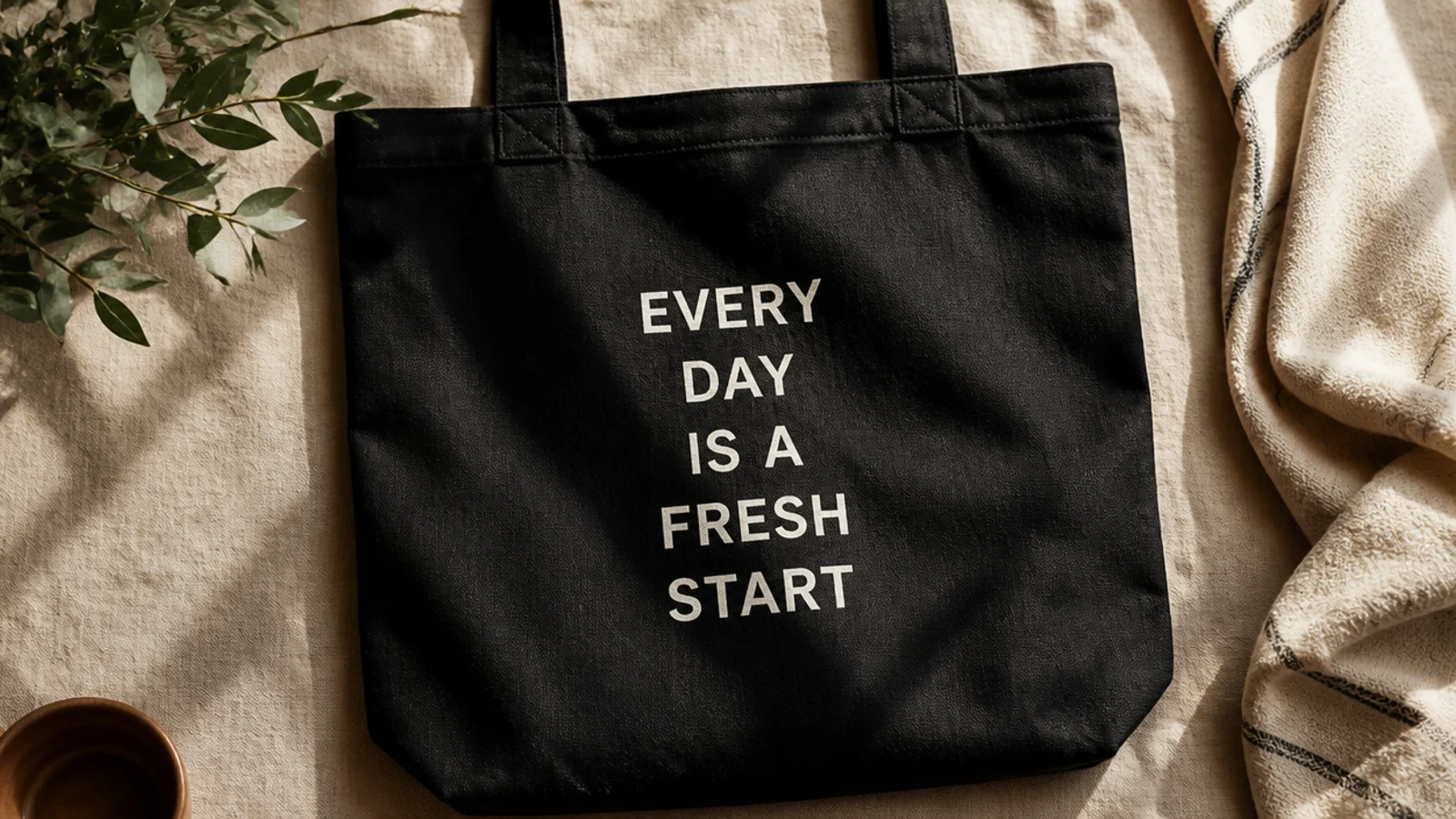 A black canvas tote with a short phrase in clean white block capitals stacked across the center front.
