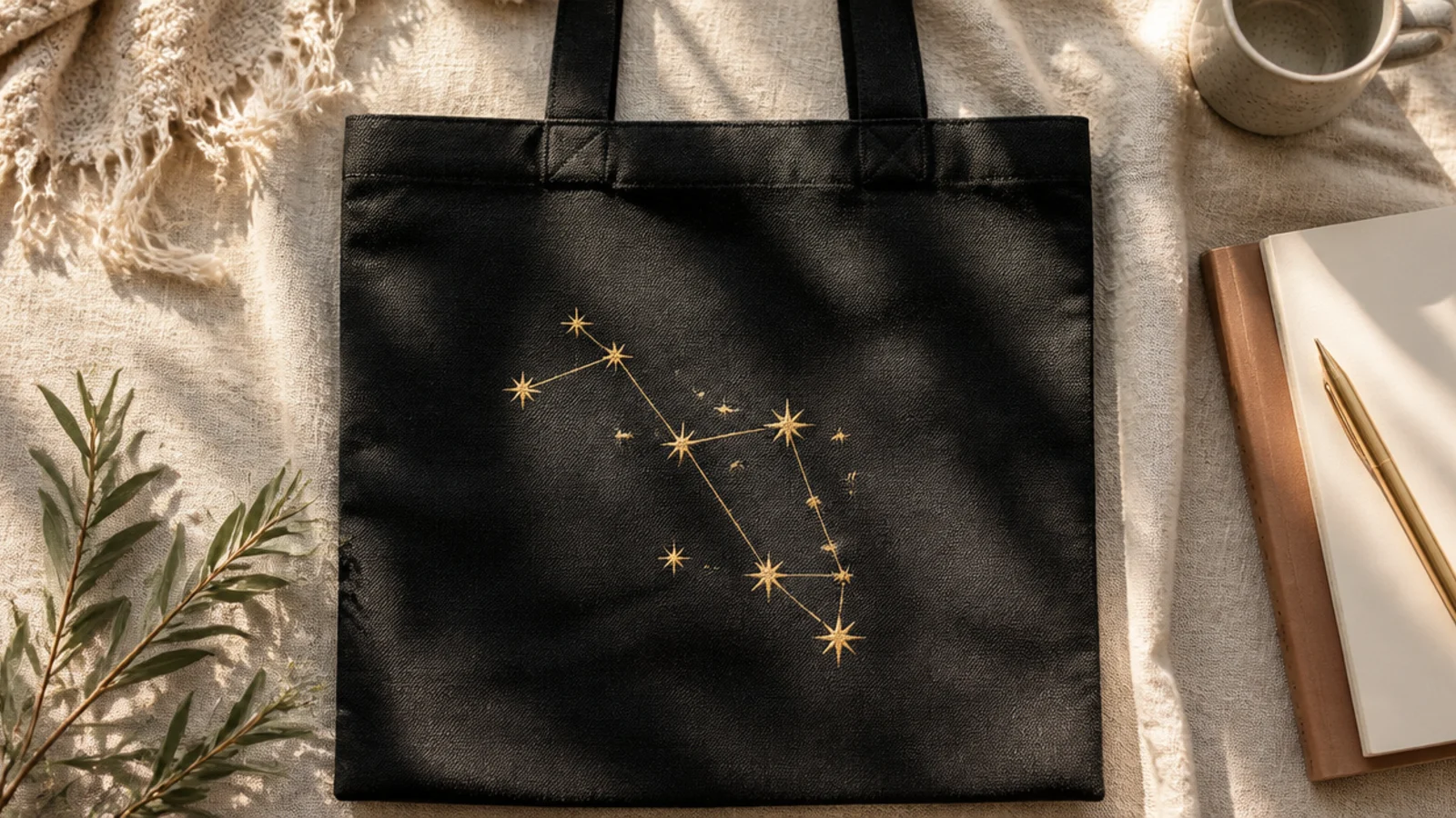 A black canvas tote with a gold constellation of connected star dots and thin lines forming a simple pattern on the front.