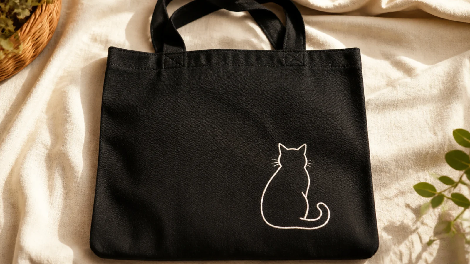 A black canvas tote with a simple white outline of a sitting cat with a curled tail on the lower front against the dark.