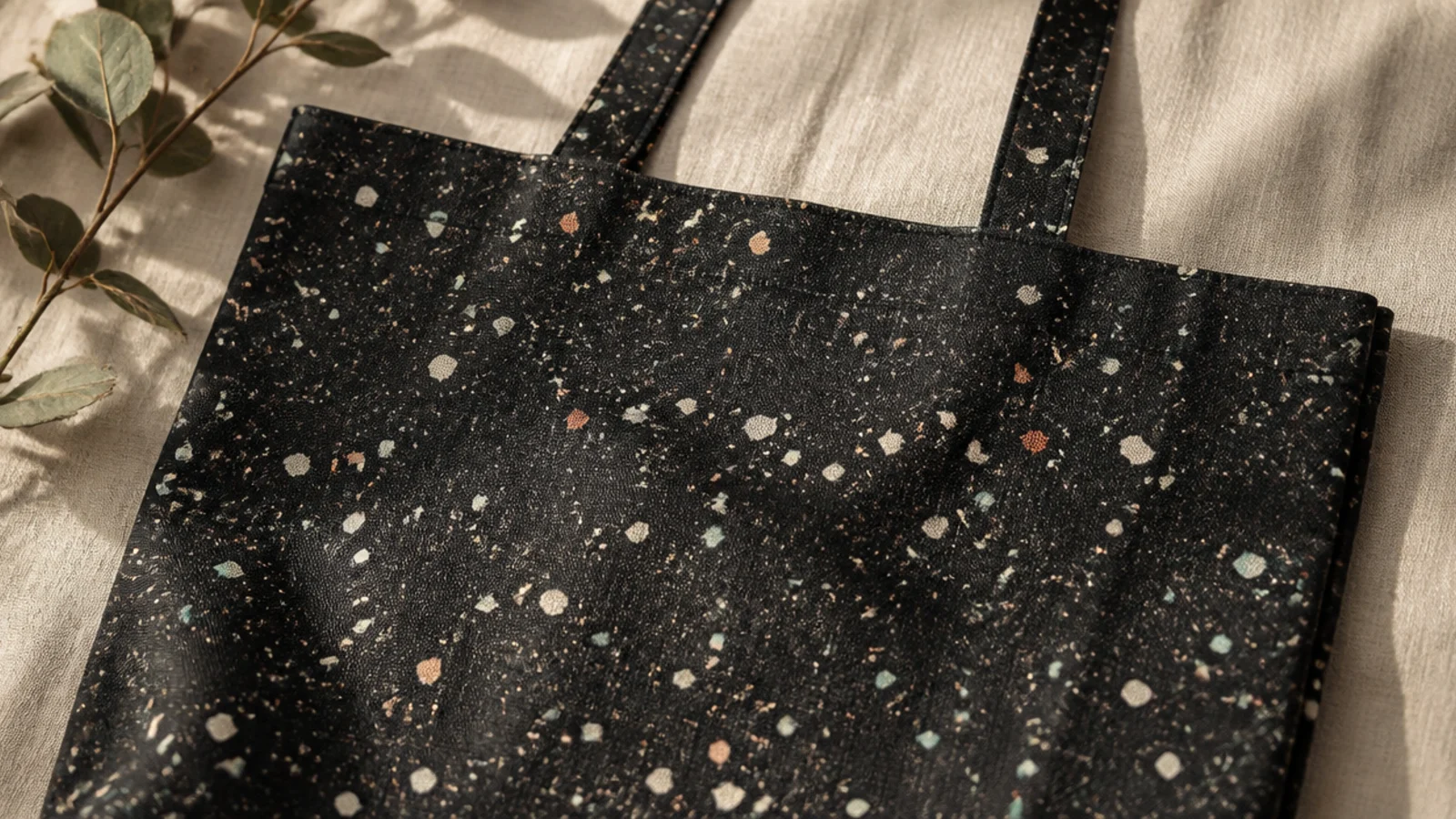 A black canvas tote scattered with small irregular terrazzo chips in white, coral, and teal like a speckled stone surface.