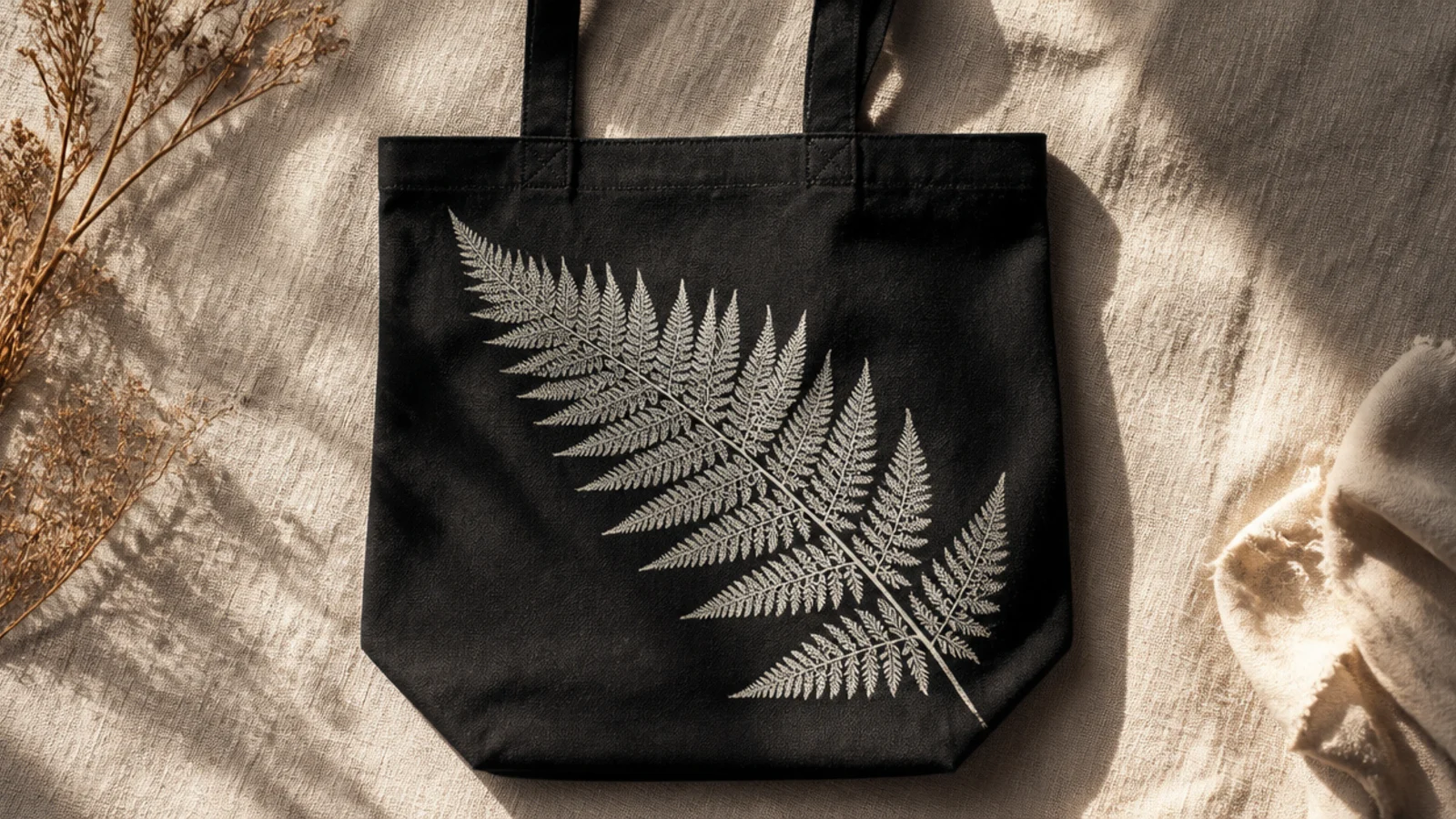 A black canvas tote with a single white fern frond printed diagonally across the front, fine veins standing out against the dark.