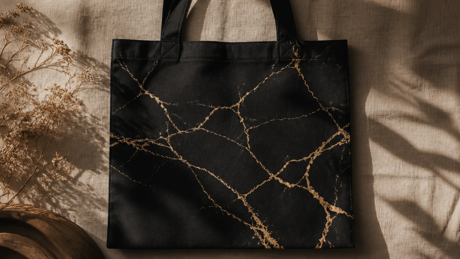 A black canvas tote with delicate metallic gold marble veins branching across the front like veined black marble.