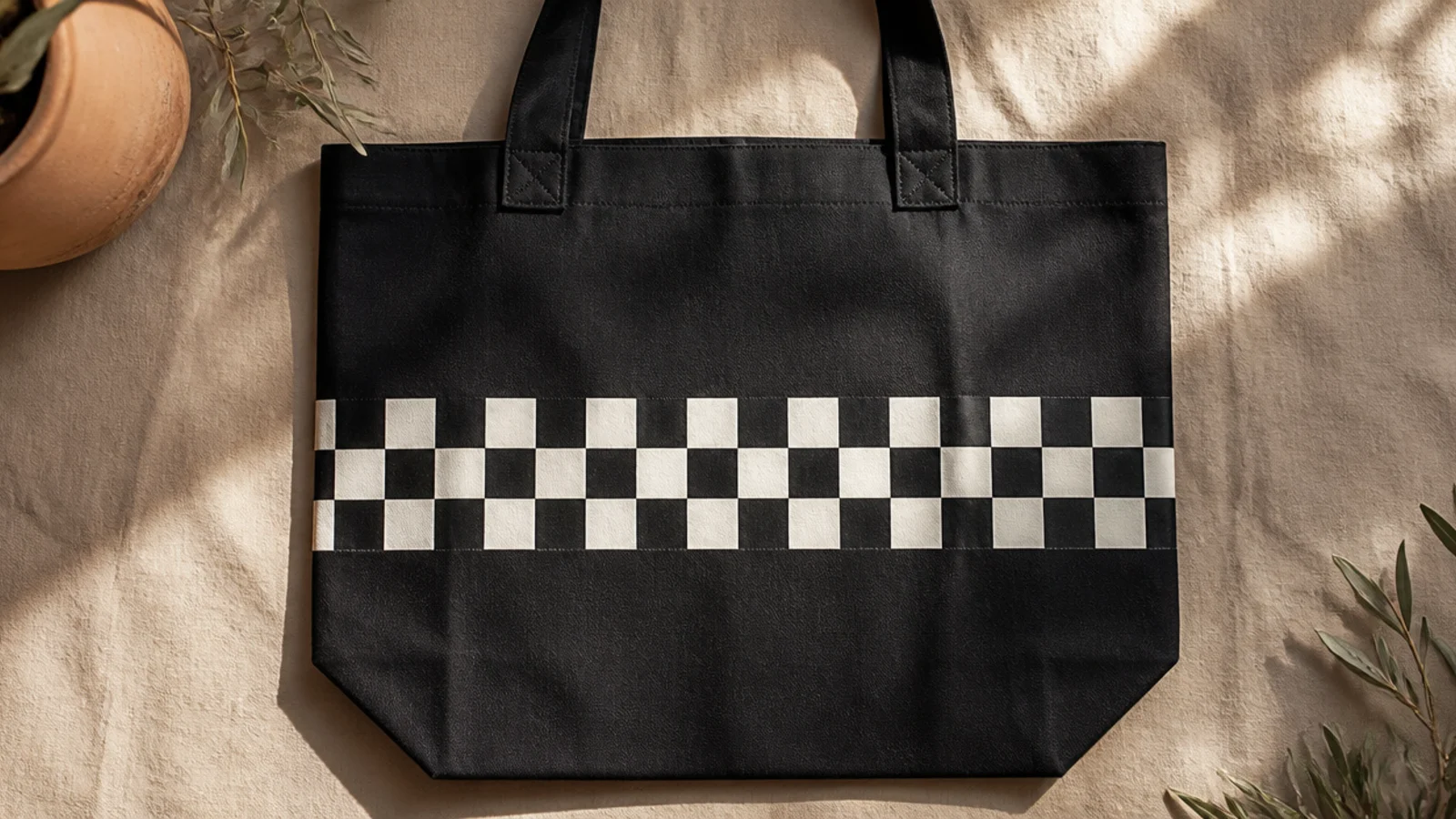 A black canvas tote with a single band of white-and-black checkerboard squares wrapping across the middle of the front.