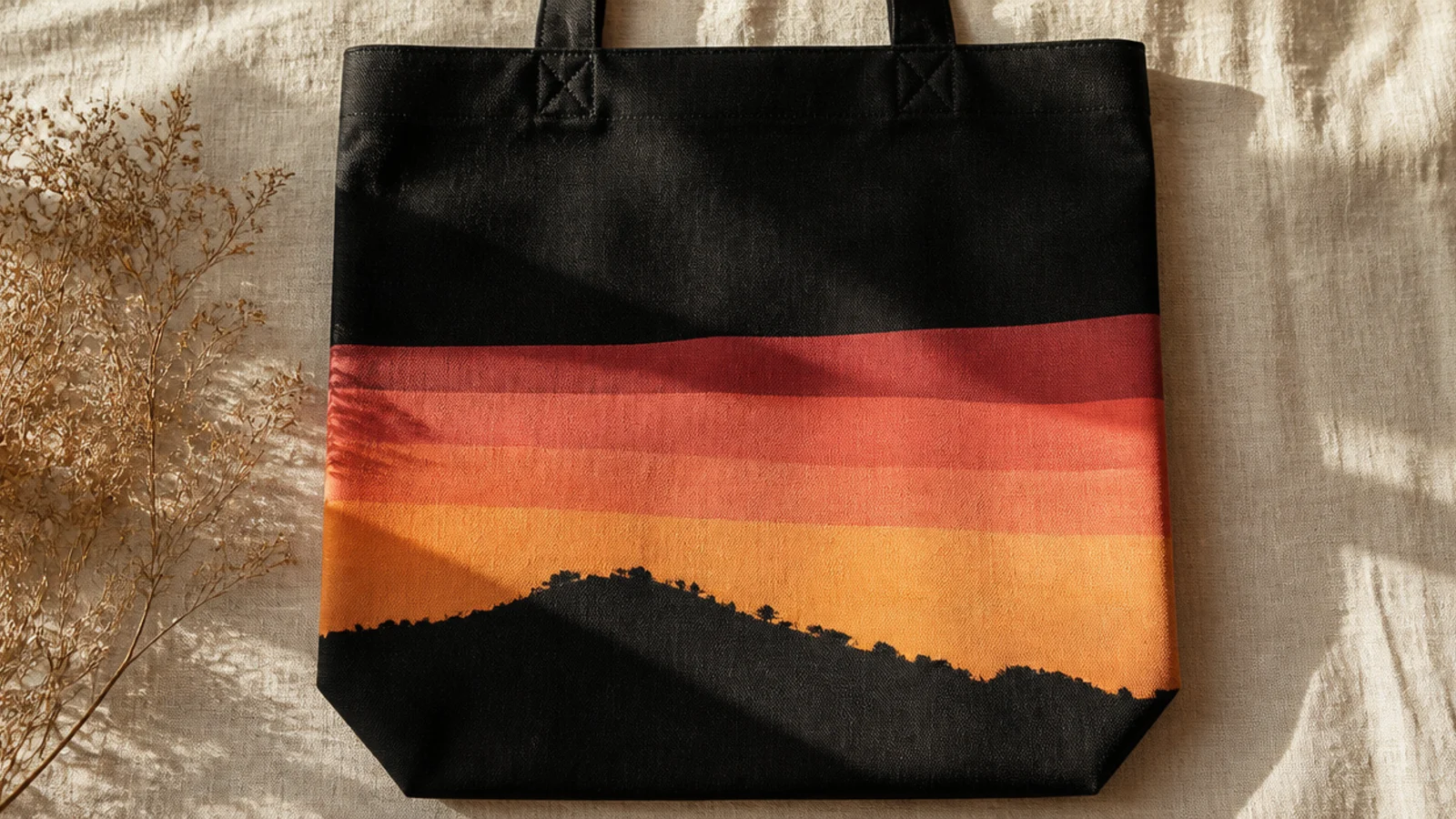 A black canvas tote with a glowing sunset gradient of coral, pink, and gold bands with a black hill silhouette on the lower front.
