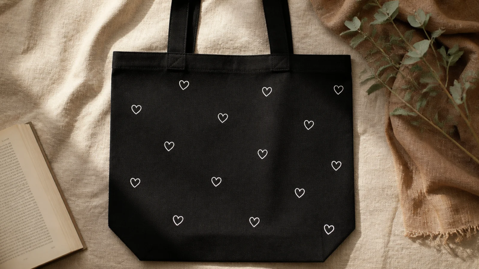 A black canvas tote with a scatter of small white heart outlines spread lightly across the front against the dark fabric.
