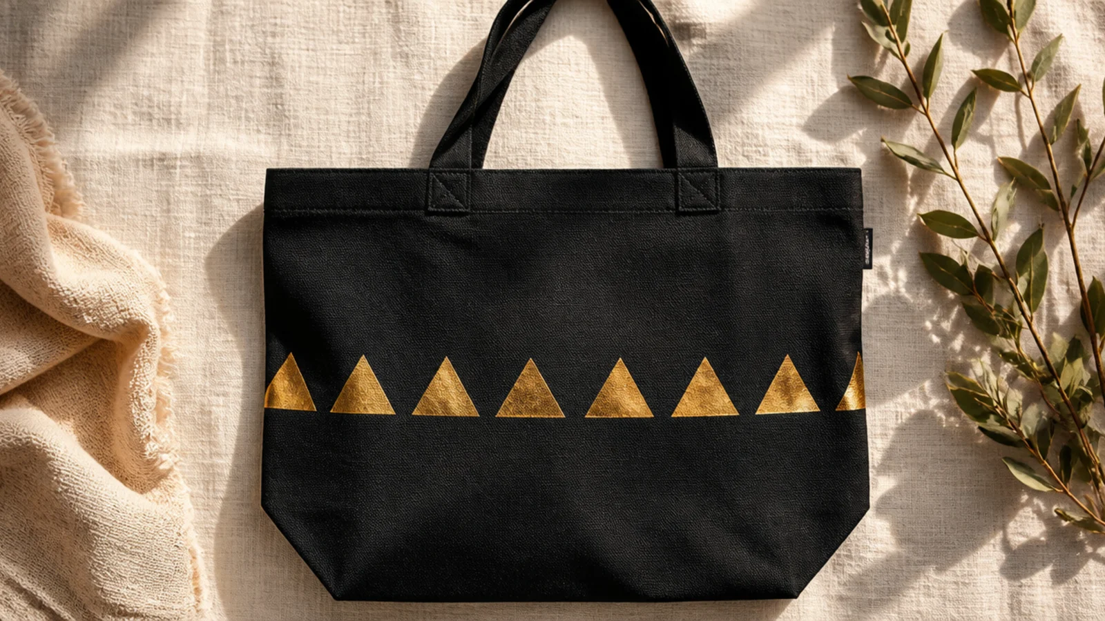 A black canvas tote with a row of crisp metallic gold triangles pointing up across the middle of the front.
