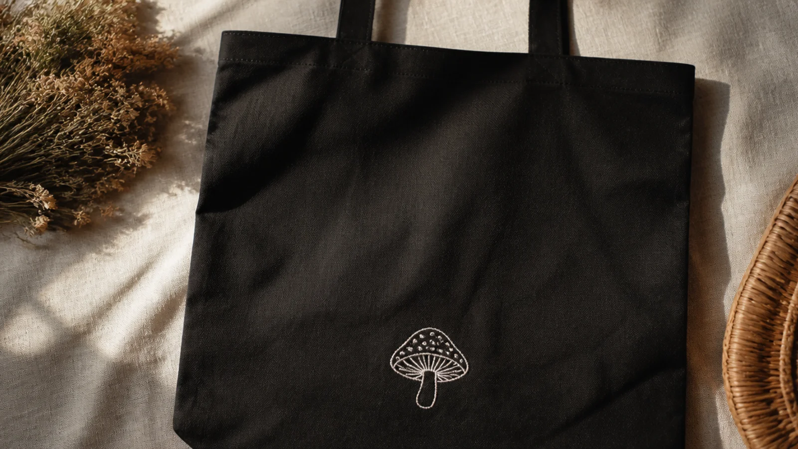A black canvas tote with a small white outline mushroom with dotted cap details on the lower front against the dark.