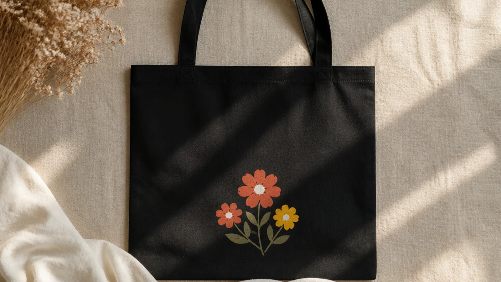 A black canvas tote with a small cluster of bright opaque flowers in coral and yellow with white centers on the lower front.