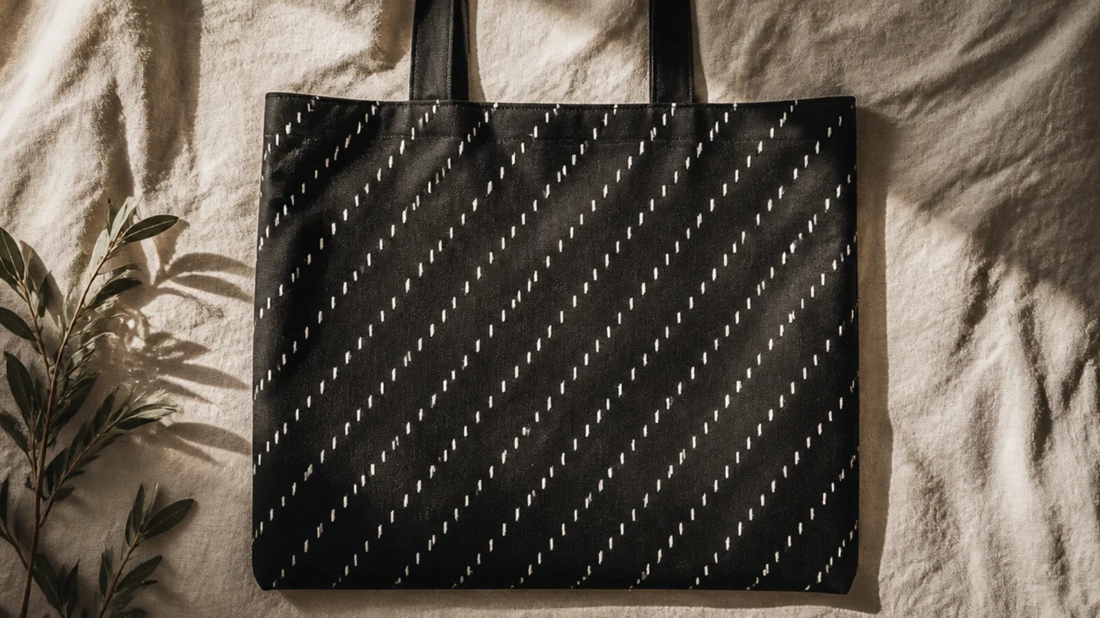 A black canvas tote covered in an even all-over pattern of short white dashes arranged in neat diagonal rows on the front.