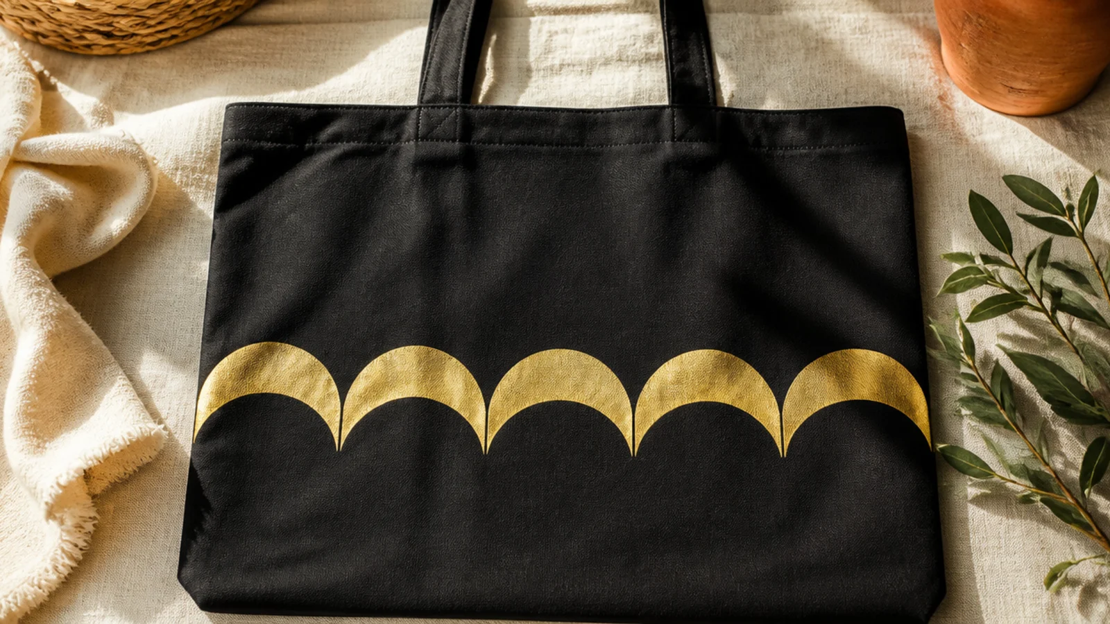 A black canvas tote with a row of overlapping metallic gold half-moon arches forming a scalloped band across the front.