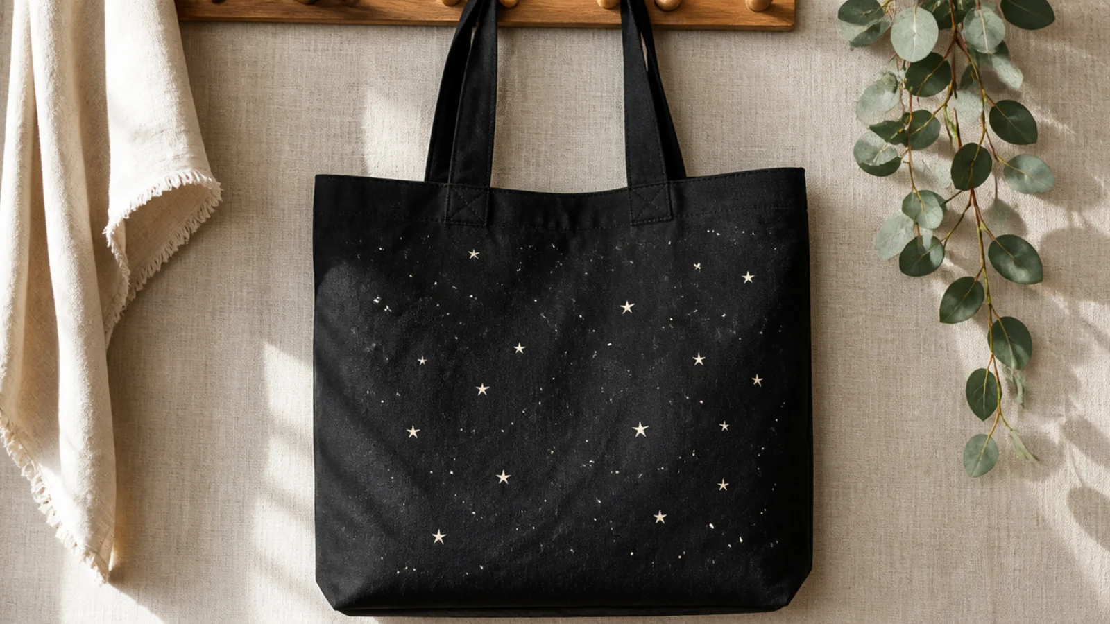 A black canvas tote with a scatter of small white stars of varying sizes spread across the front like a night sky.