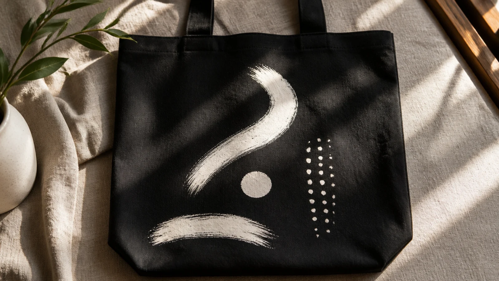 A black canvas tote with a few confident white brushstrokes and dots arranged asymmetrically on the front against the dark.