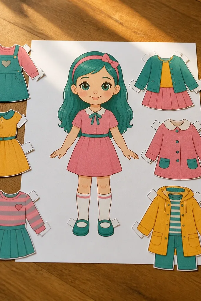 Front-facing paper doll with six blank outfits laid out beside it