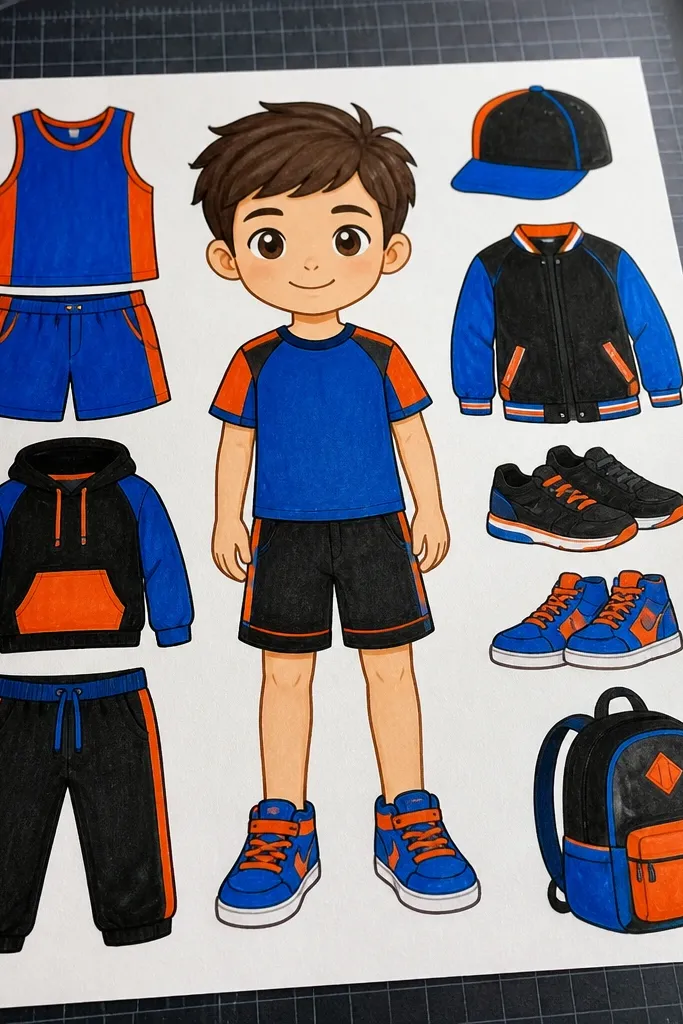 Front-facing paper boy doll with blank sports and streetwear clothing pieces