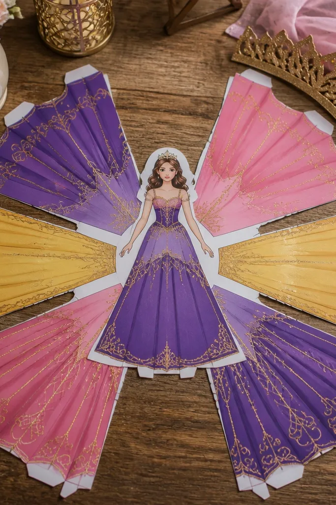 Paper doll with blank princess dress panels and matching accessories