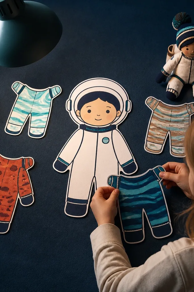 Space explorer paper doll with helmet and four blank planet-themed outfits