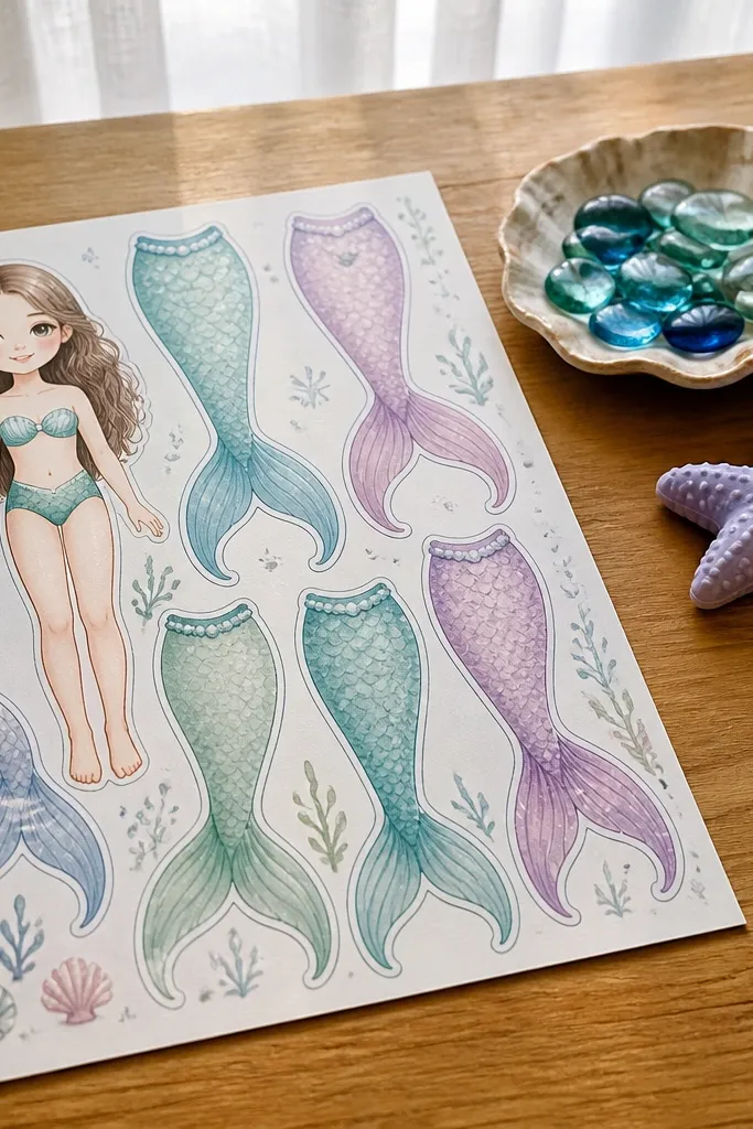 Mermaid-themed paper doll with blank tail options and shell accessories