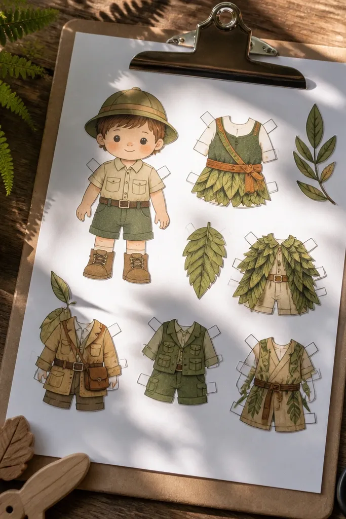 Jungle explorer paper doll with blank explorer outfits and leaf accessories