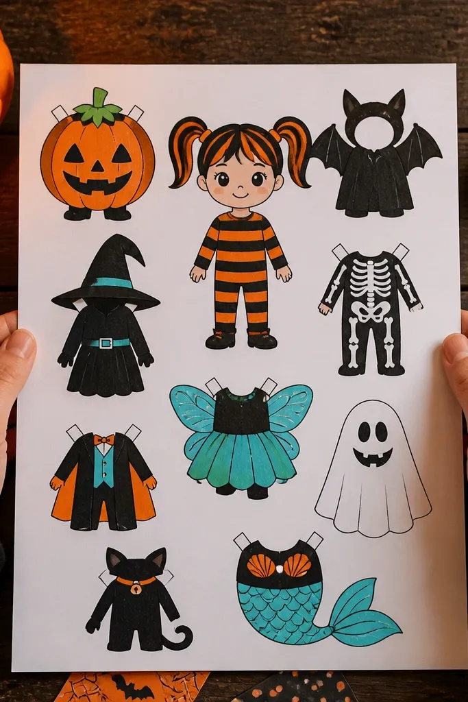 Halloween paper doll with many blank costume outfits and accessories