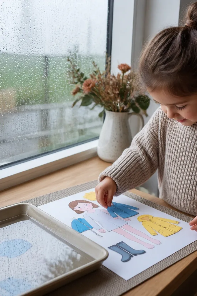 Paper doll with blank rainy-day outfits and an umbrella piece