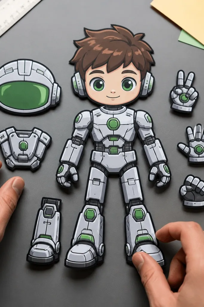 Robot-themed paper doll with blank body parts and accessory pieces