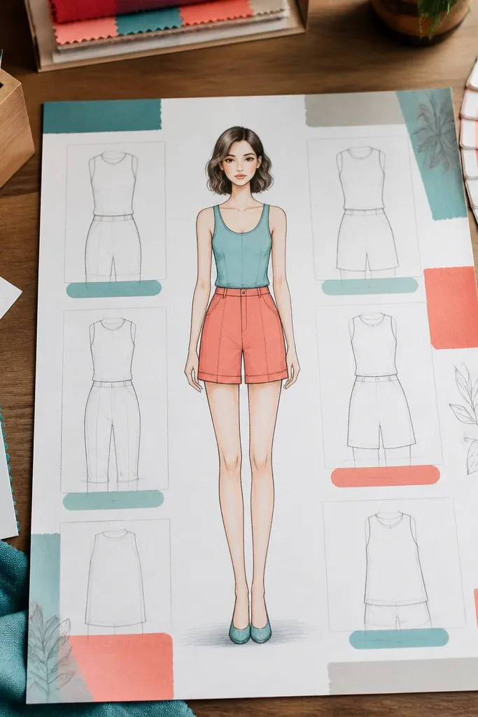 Fashion designer paper doll with blank outfit sketches and label spaces