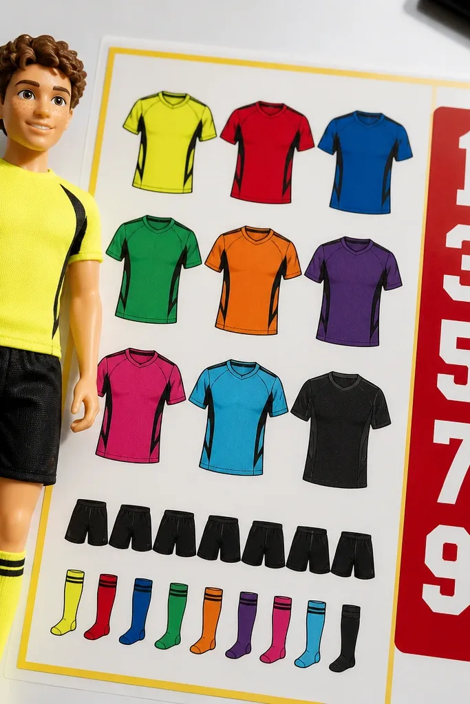 Sports star paper doll with blank jerseys and a number panel