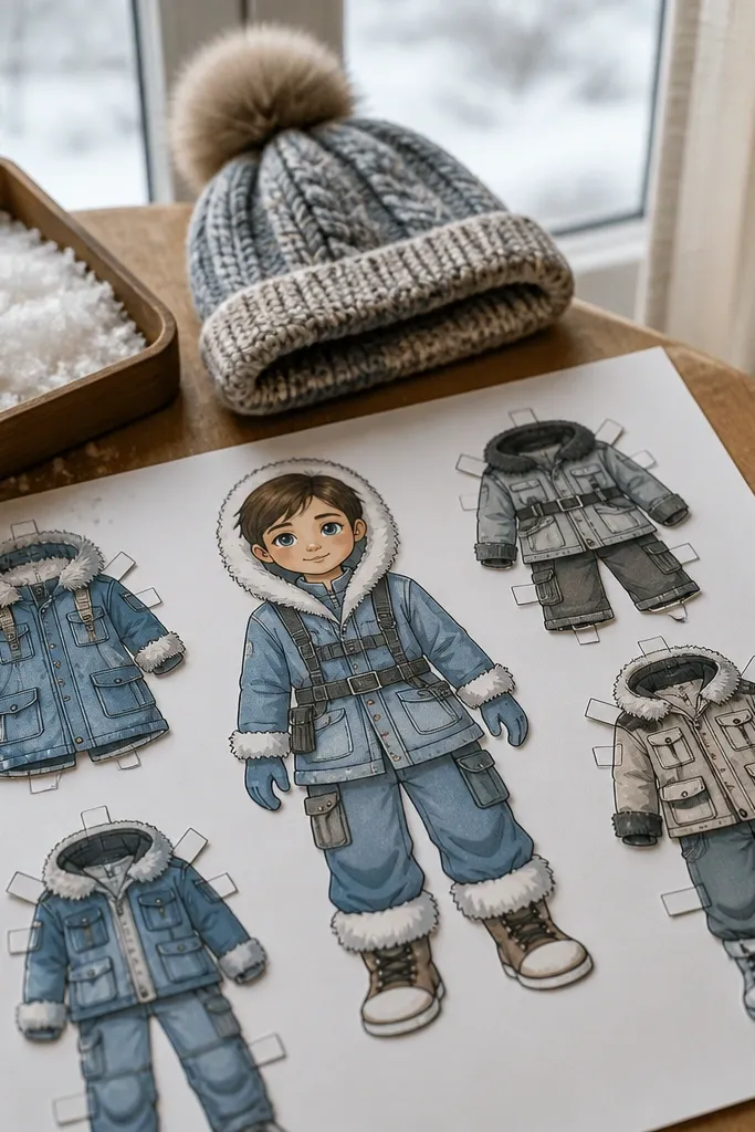 Arctic explorer paper doll with blank winter gear and boots