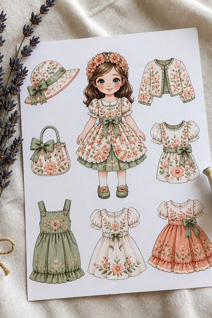 Garden party paper doll with blank floral dress and accessory pieces