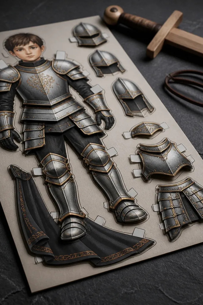 Knight paper doll with blank armor layers and sword-hilt shape