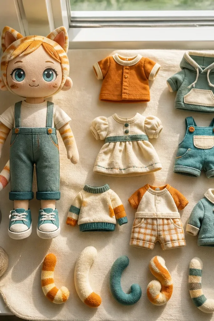 Cat-themed paper doll with blank outfits and tail options
