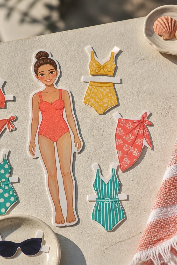 Beach day paper doll with blank swimwear options and sunglasses