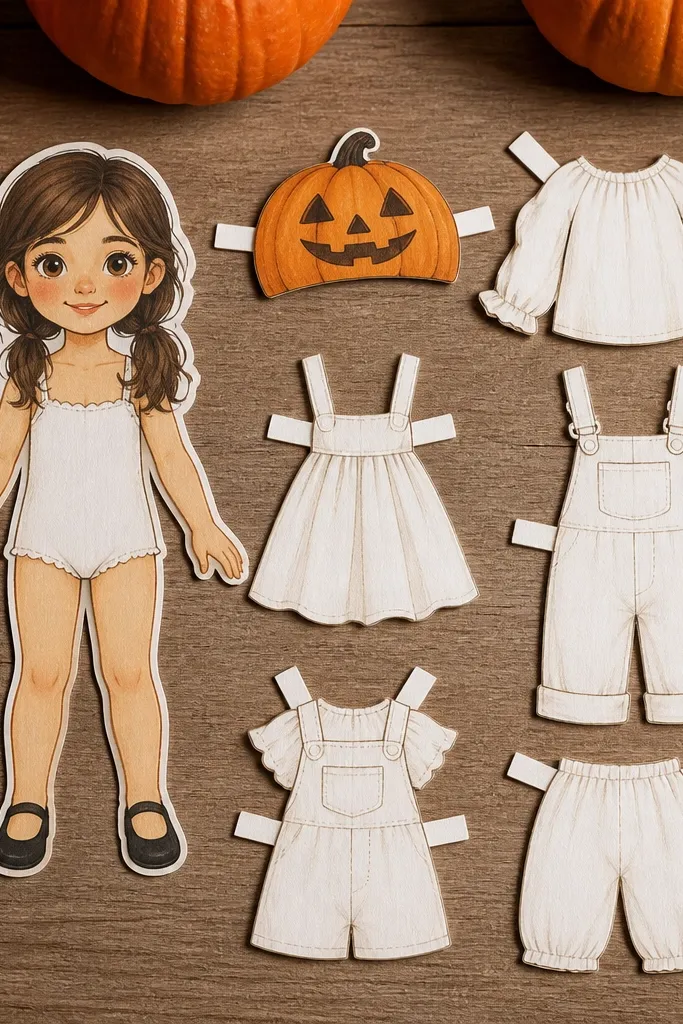 Pumpkin patch paper doll with blank costumes and a jack-o-hat piece
