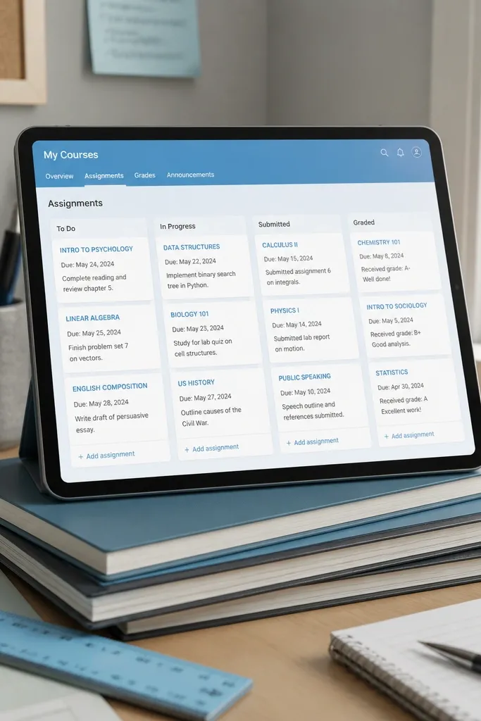 Notion page with blue header and a course board showing To do, Doing, Done columns