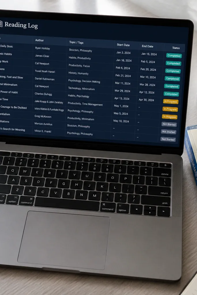 Notion reading log with a blue table and status labels like Started, Reading, Finished