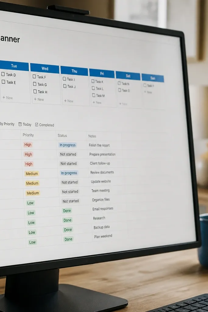 Notion page with blue header and a weekly calendar strip showing assignment due dates