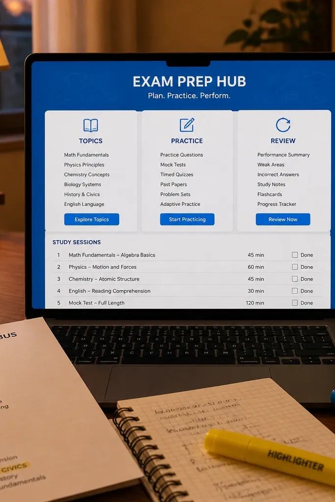 Exam prep hub page with blue section titles and checklists for study sessions