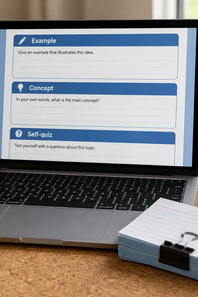 Notion study page with blue header and fields for example, concept, and self-quiz