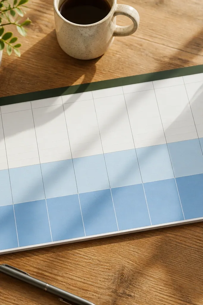 Weekly plan grid with blue time blocks for morning, afternoon, and evening study
