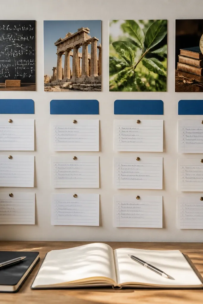 Subject hub page with blue tabs for Math, History, Biology and a notes list under each