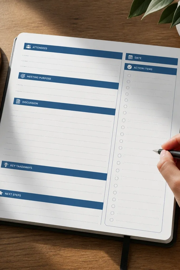 Meeting notes page with blue section headers and a right panel for action items