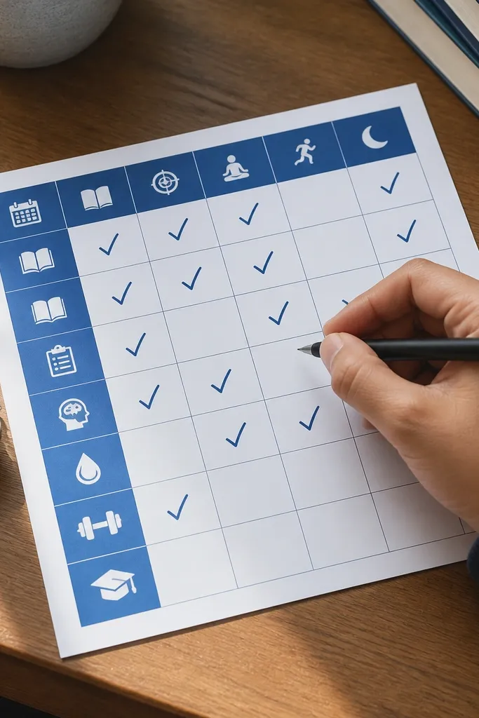 Habit tracker table with blue headers and checkmarks for daily study habits