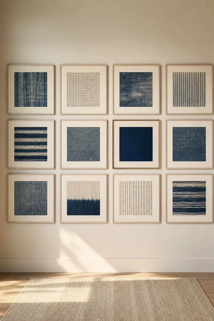White frames in a grid around one navy center frame