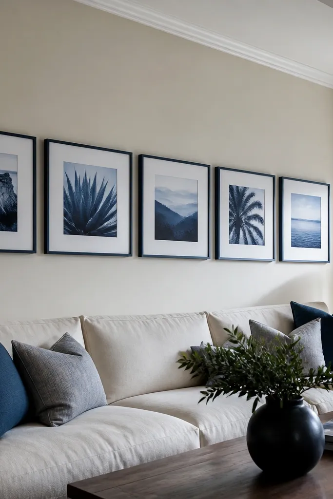 Blue-toned photos in matching gray frames with light mats
