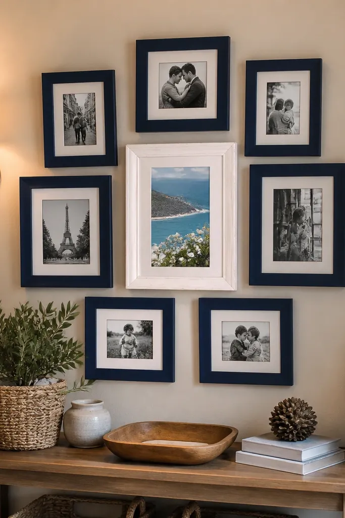 A tight cluster of navy frames around one bright white