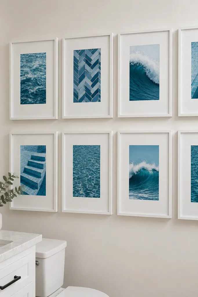 White frames with blue photos, some with extra white border