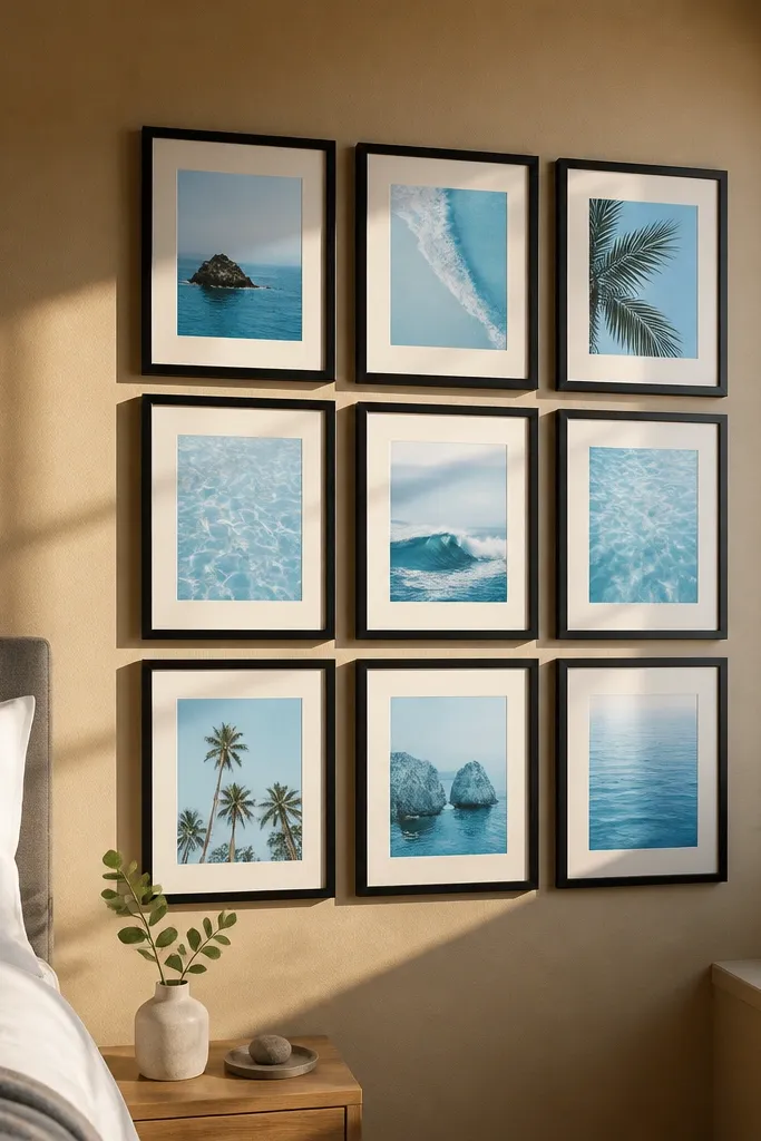 Black frames showing light blue landscape photos in a neat grid