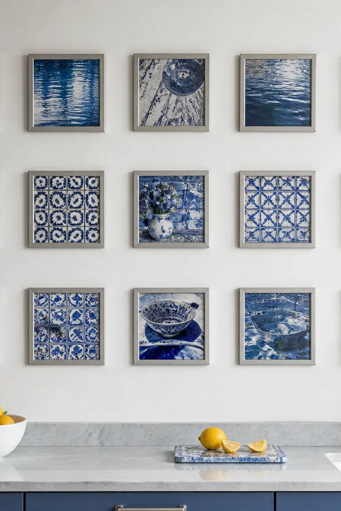Small blue frames arranged like tiles with thick grout-like spacing