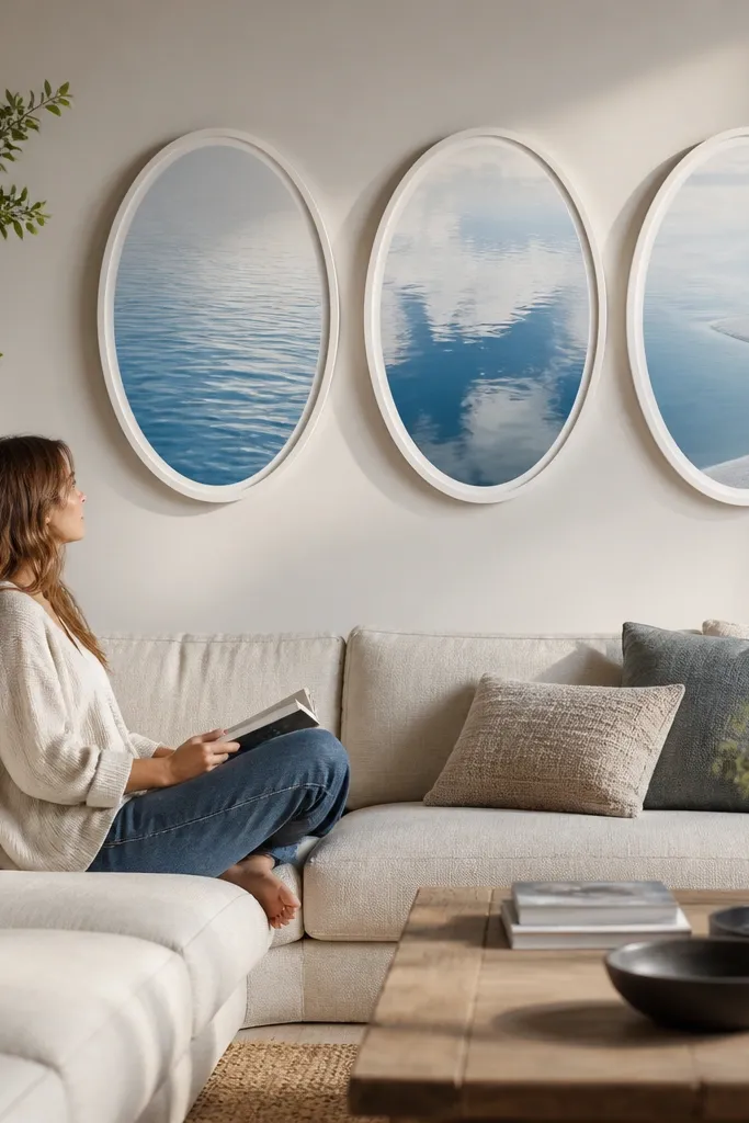 Oval frames with blue water images arranged in a balanced collage