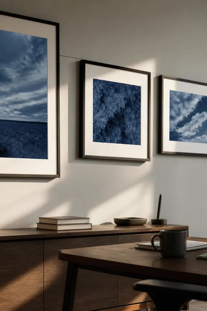 Mixed-height blue frames with consistent spacing and a stepped top edge